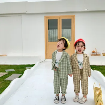 

2020 Girls Spring Plaid Suit Boys Girls Casual Jacket + Long Two Piece Set