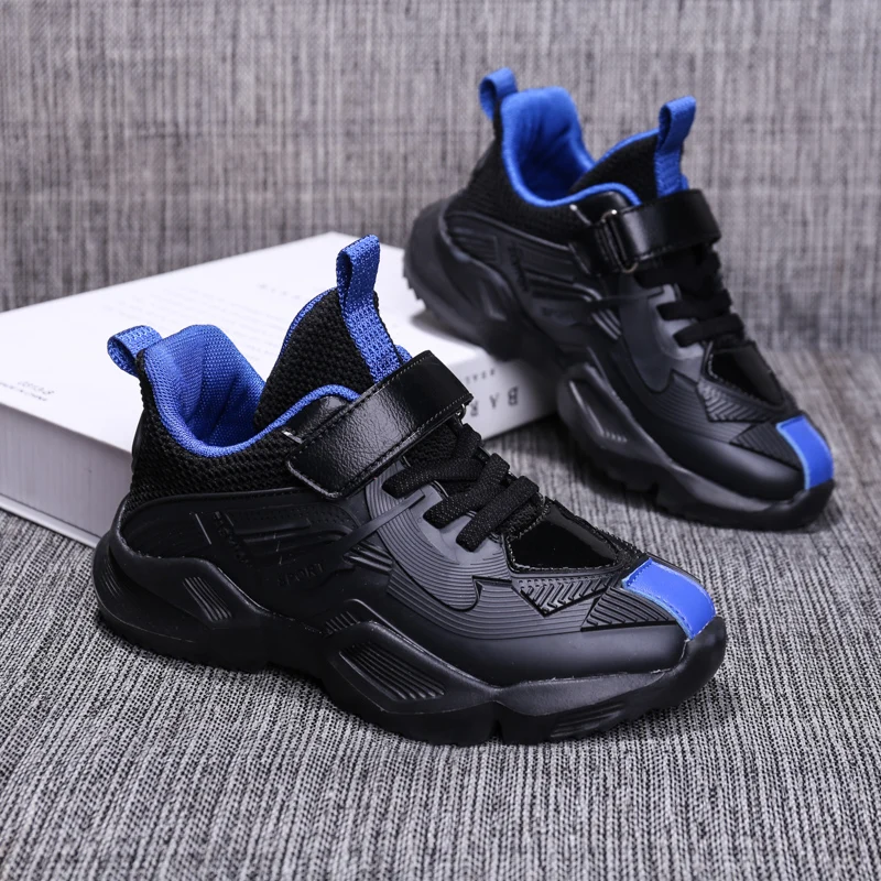 Black blue Зимние кожаные спортивные кроссовки для мальчиков, Лоскутная подошва MD, Молодежная мужская обувь, кроссовки для больших детей, кроссовки для мальчиков размера плюс 28-40 - Цвет: Black blue