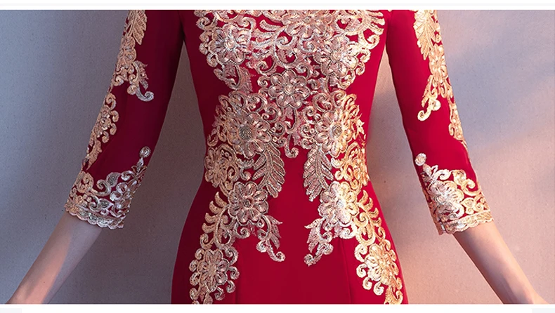 Chinoise Вышивка Русалка длинное Cheongsam красное Восточное вечернее китайское платье-Ципао современные элегантные тонкие платья китайское свадебное платье