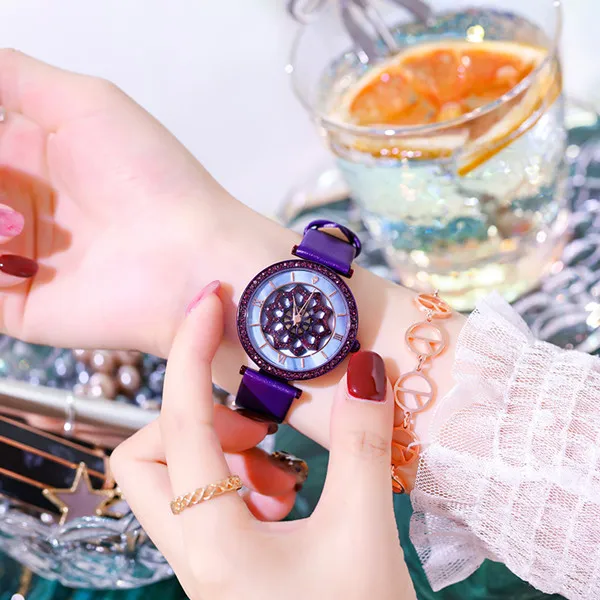 purple bule Крутой черный кожаный ремень вращения женские часы для женщин люксовый бренд удача женские кварцевые часы повседневные наручные часы zegarki damskie - Цвет: purple bule