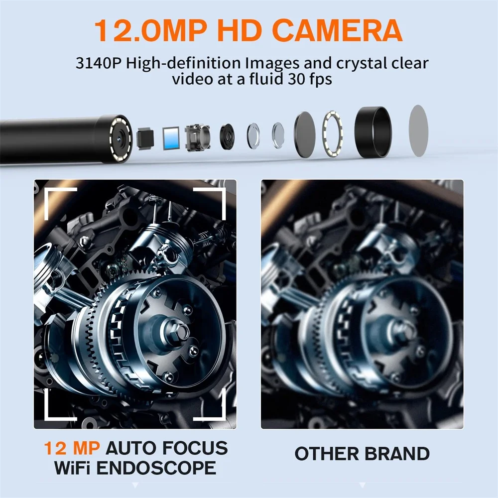 Oiiwak 12MP Car Endoscope  Autofocus WiFi Endoscope Mini Camera 5X Zoom Camera Endoscope for Android IOS Underwater Camera
