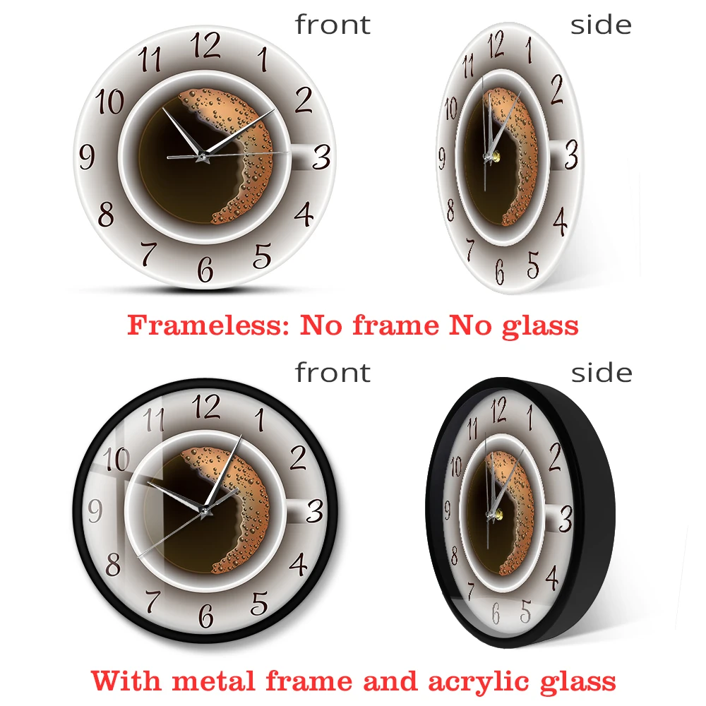 Cup of Coffee with Foam Decorative Silent Wall Clock Kitchen Decor Coffee Shop Wall Sign Timepiece Cafe Style Hanging Wall Watch Just6F