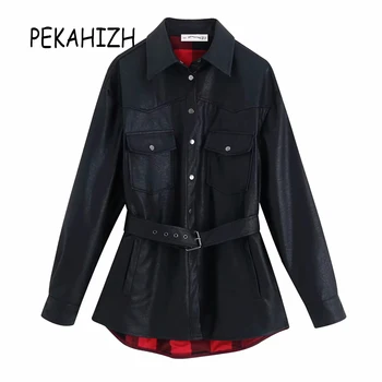 

2019 Winter Fashion Faux PU Leather Jacket and coat women black biker jacket Fashion sashes Punk Motorcycle oversized coat