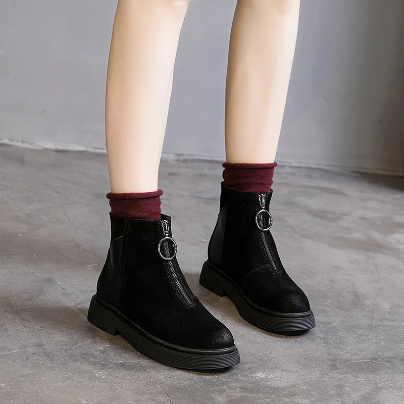 Модные женские ботинки Новинка сезон осень зима на молнии спереди с круглым