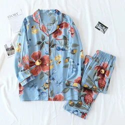 Japanese New Style Ladies Summer Pajamas Two-piece 100% Viscose Large Flower Thin Elegant Home Service Suit Loose Sleepwear