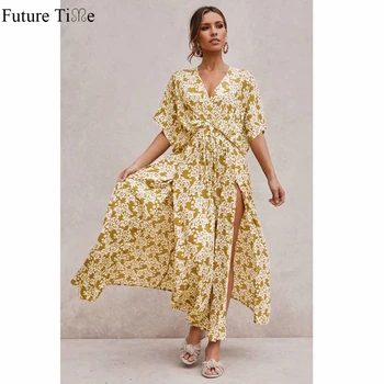 

Future Time Spring And Summer 2020 New Bat Sleeve Printed Dress Deep V-neck Side Slit Dress Women Sexy Elegant Long Dress SP609