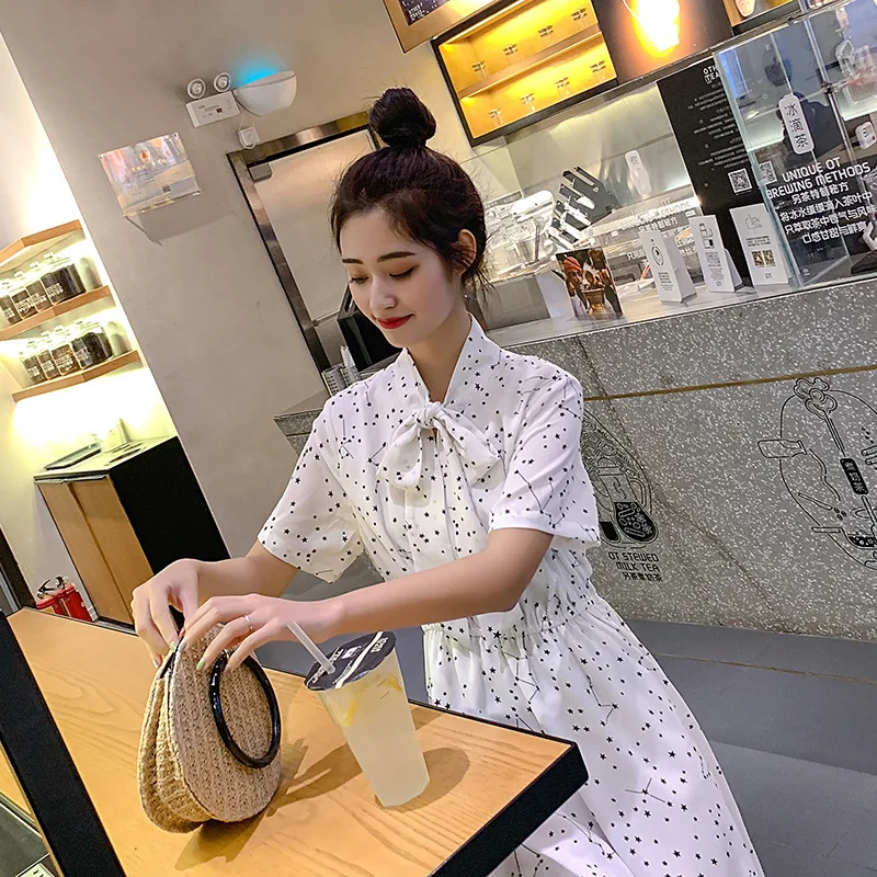 

Photo Shoot 2019 Summer New Style Korean-style Slim Fit Mid-length Chiffon Little Star Floral-Print Short Sleeve Women's