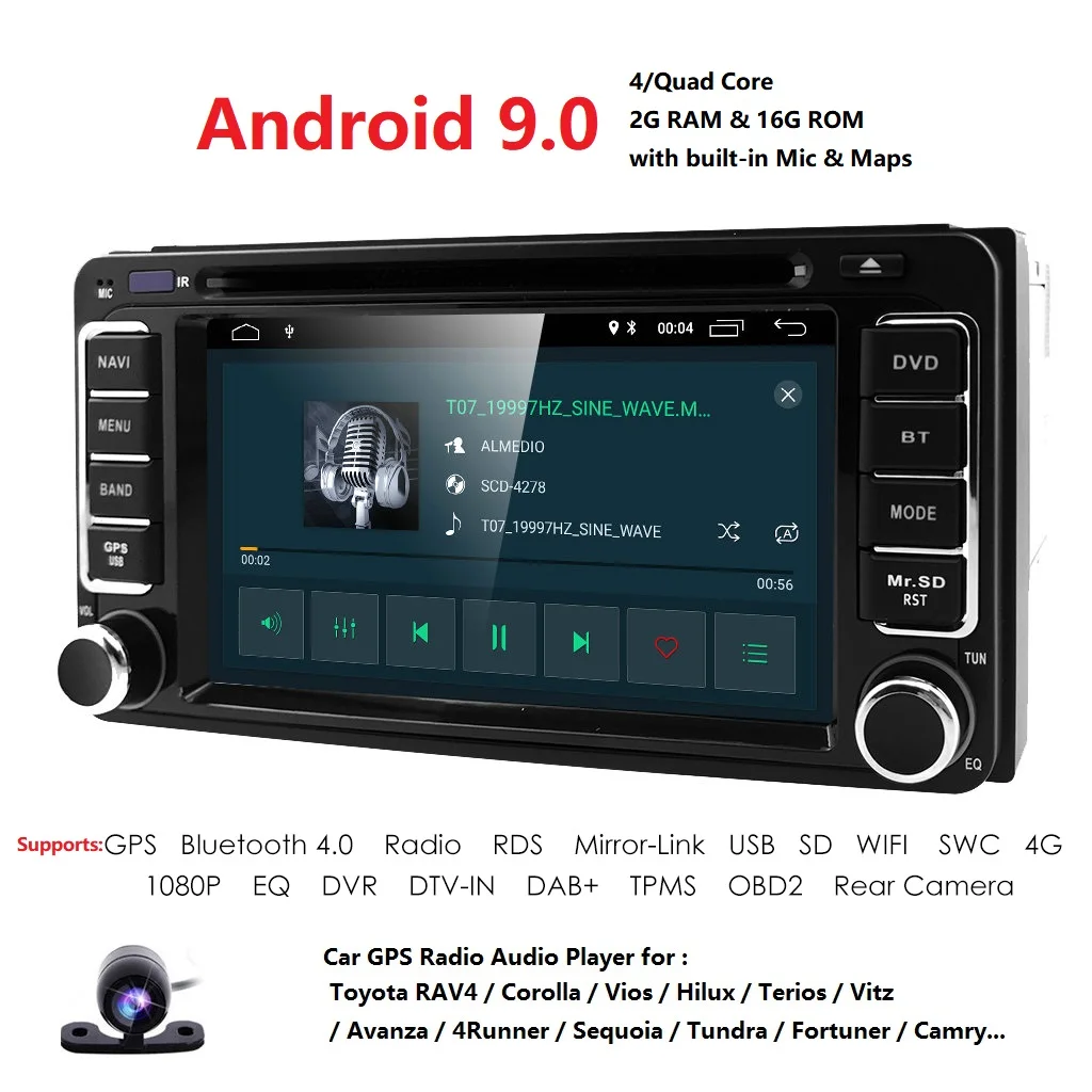 Best Hizpo Android9.0 4Core 2DIN Car DVD GPS for Toyota Terios Old Corolla Camry Prado RAV4 fortuner radio 4G wifi Capacitive 800*480 5