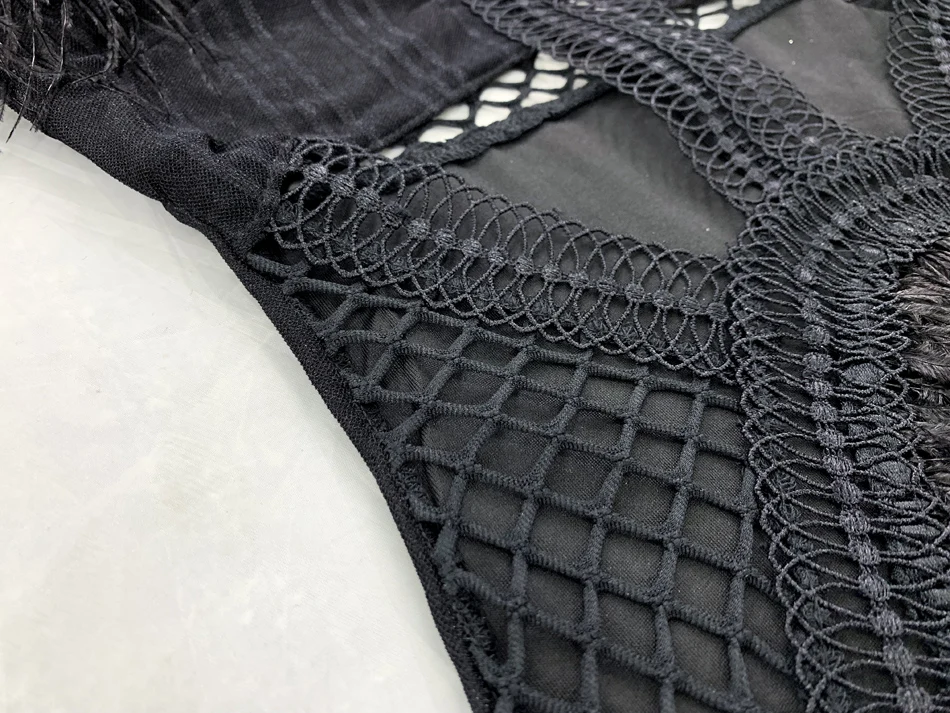 Элегантное перо ткань с отверстиями вырезанное черное сексуальное с длинным рукавом v-образным вырезом геометрическое обтягивающее клубное мини-платье женское платье Vestidos