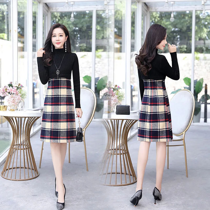 

Dress Autumn And Winter New Style Elegant Slim Fit Underwear Mock Two-Piece Plaid Long Sleeve Base Skirt Outer Wear Versatile