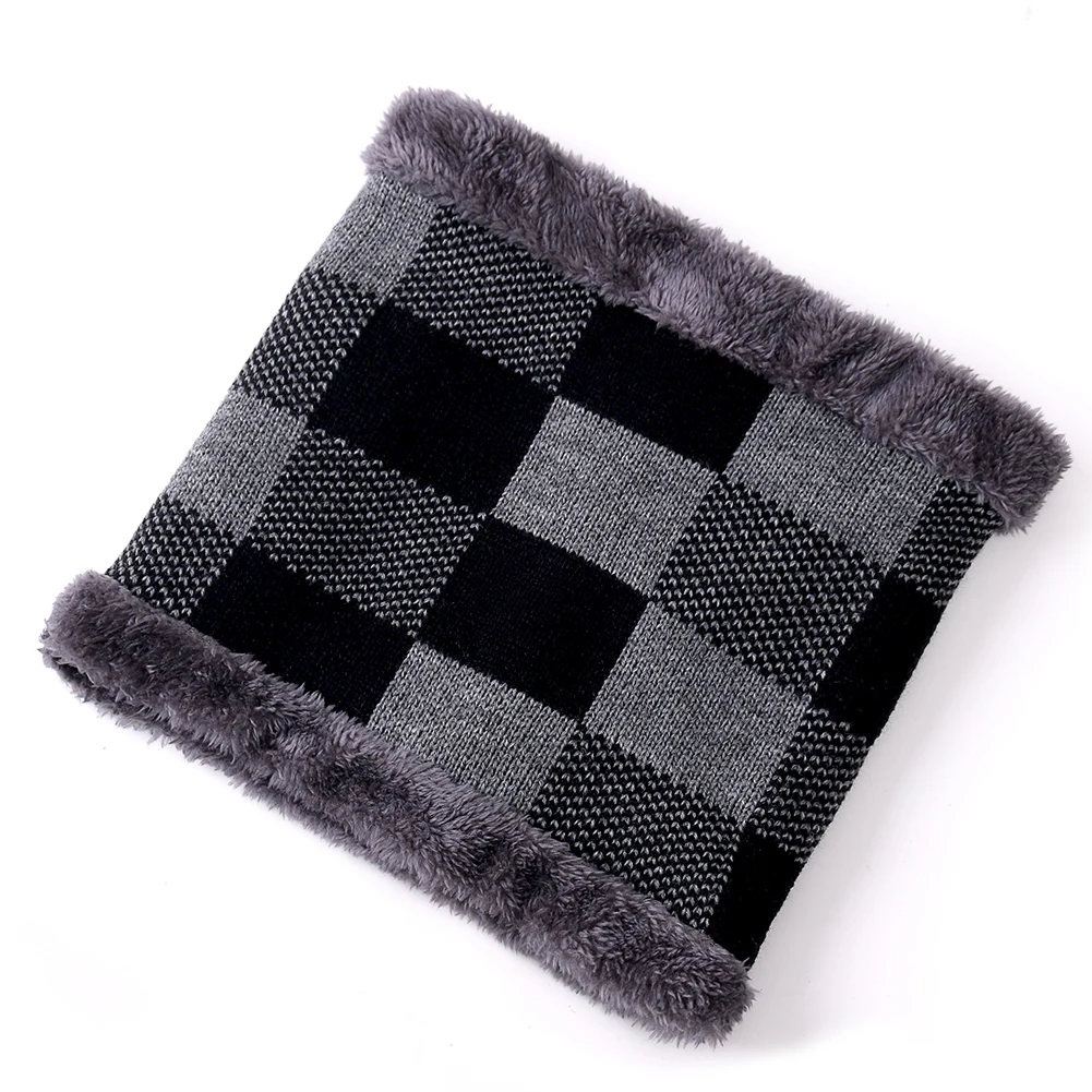 Высококачественные хлопковые зимние шапки с меховыми полями Skullies Beanies, шапка для мужчин и женщин, шерстяные шапки, маска Gorras Bonnet, вязаная шапка - Цвет: grid black scarf