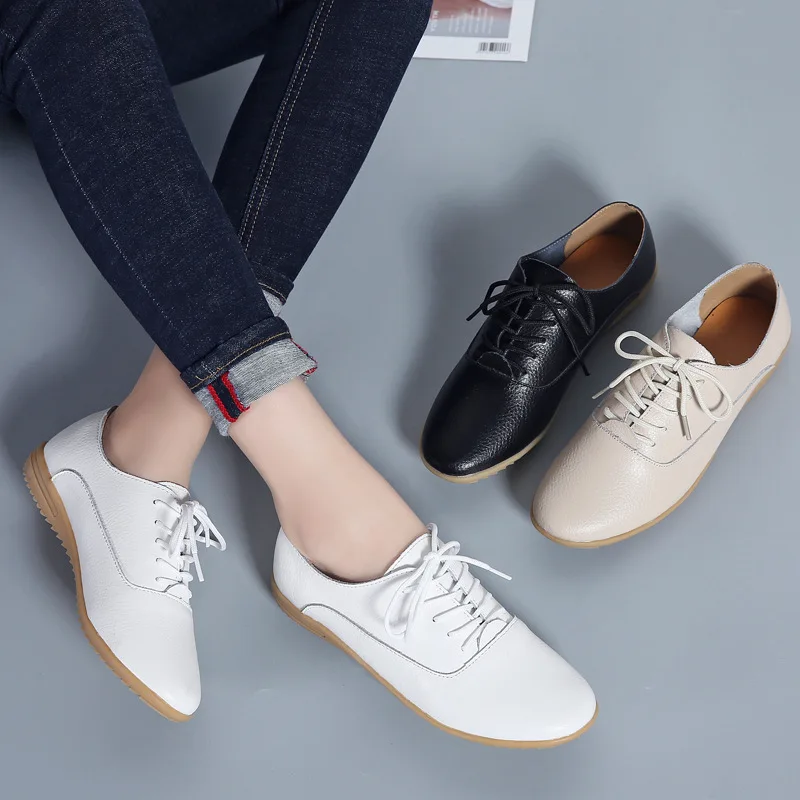 

Amoi WOMEN'S Flat Shoes Genuine Leather Lace-up Korean-style White Shoes Versatile Student Shoe Soft-Sole Anti-slip Casual Shoes