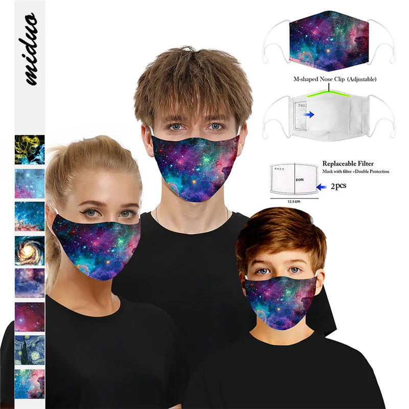 

2 Adult children 2020 new digital printing masks protection safety adjustable masks dustproof and smog 5 layer synthetic filter