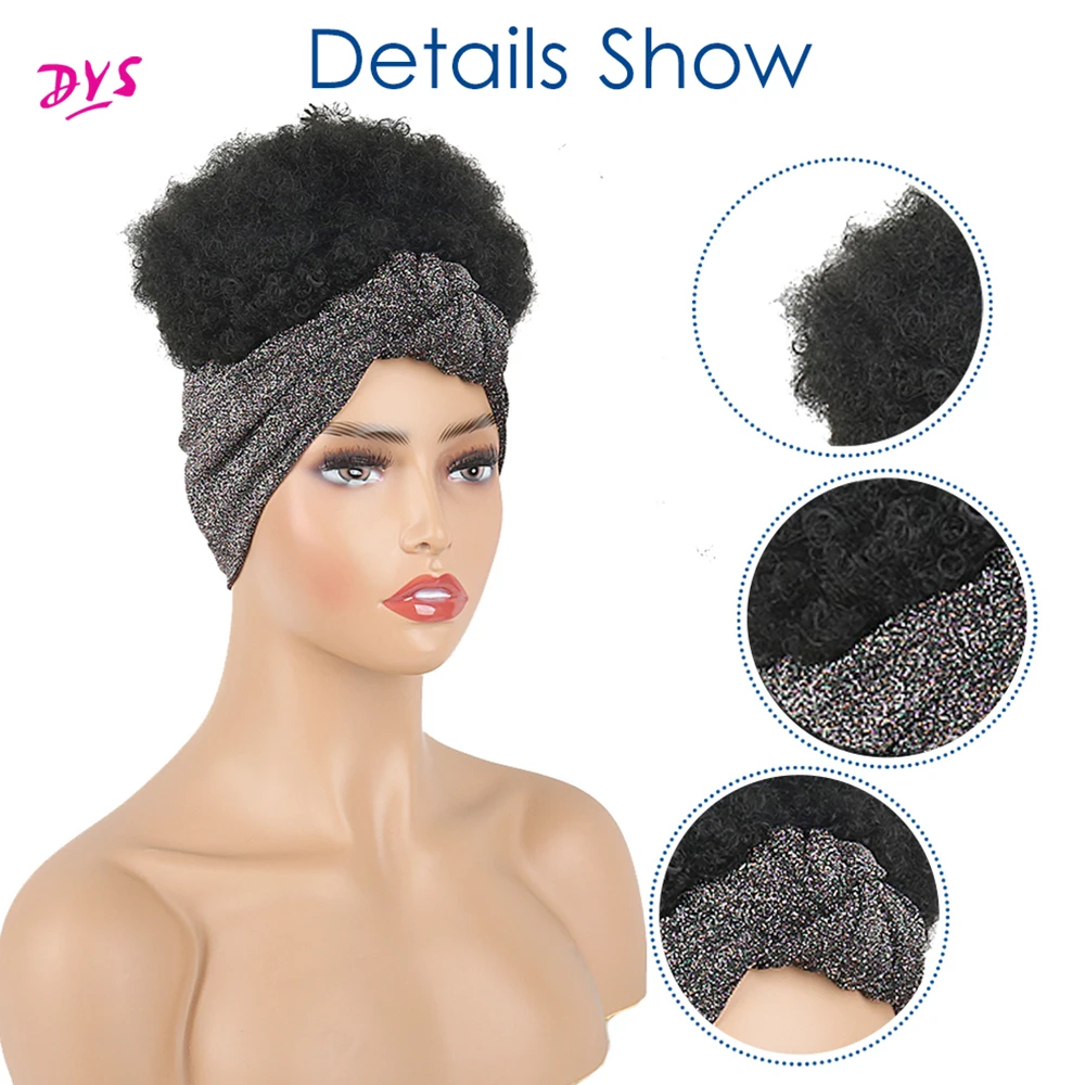 5High Puff Turban Ponytail Short Kinky Curly Headwrap Drawstring Wrap-Ponytail 2 in 1 Updo Head-Wrap Wig Turban African American