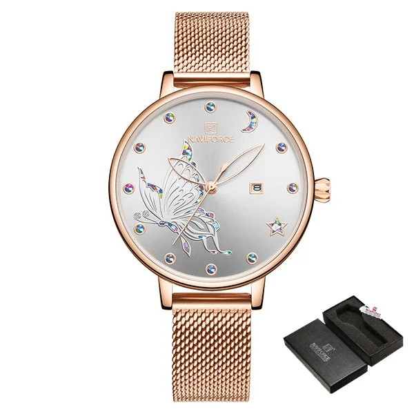 WhiteWithBox NAVIFORCE, женские часы, люксовый бренд, reloj, Бабочка, часы, модные, кварцевые, для девушек, сетка, нержавеющая сталь, водонепроницаемые, подарок, reloj muje - Цвет: WhiteWithBox