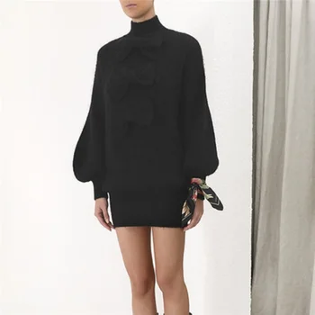 

Fashion 2019 Autumn Black Elegant Bow Latern Sleeve Long Sweaters Women's Fashion Sexy Knitted Dress High Neck Clothes