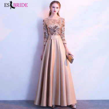 

A Line Sequins Golden Evening Dress Long 3/4 Sleeve Prom Party Dresses Formal Evening Gowns Women Elegant Robe De Soiree ES30228