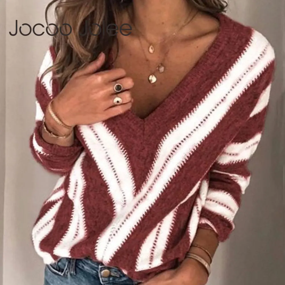 

Jocoo Jolee Casual V Neck Striped Knitted Sweater Oversized Vintage Pullover Famel Knitwear Tops Autumn Winter Jumpers