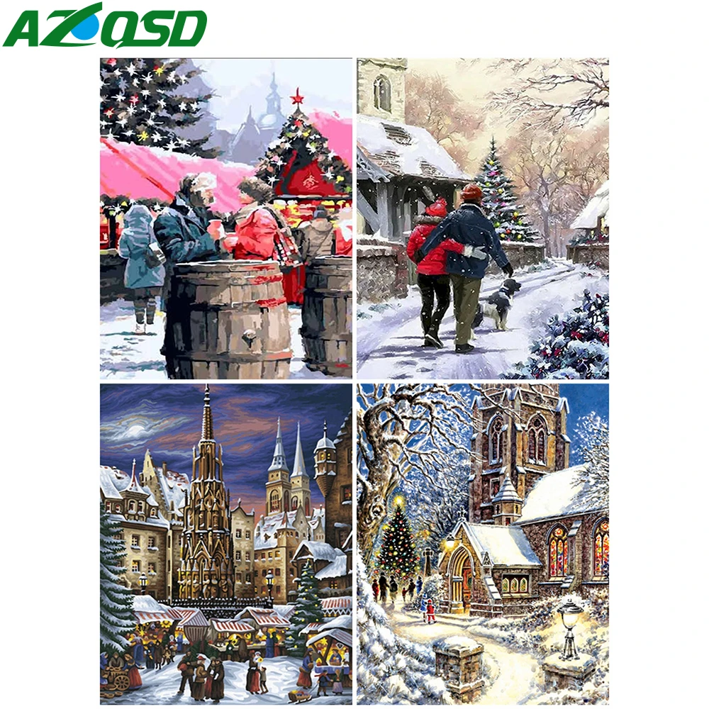 AZQSD DIY зима картина маслом по номерам Снежный пейзаж Декор для дома Unframe Раскраска