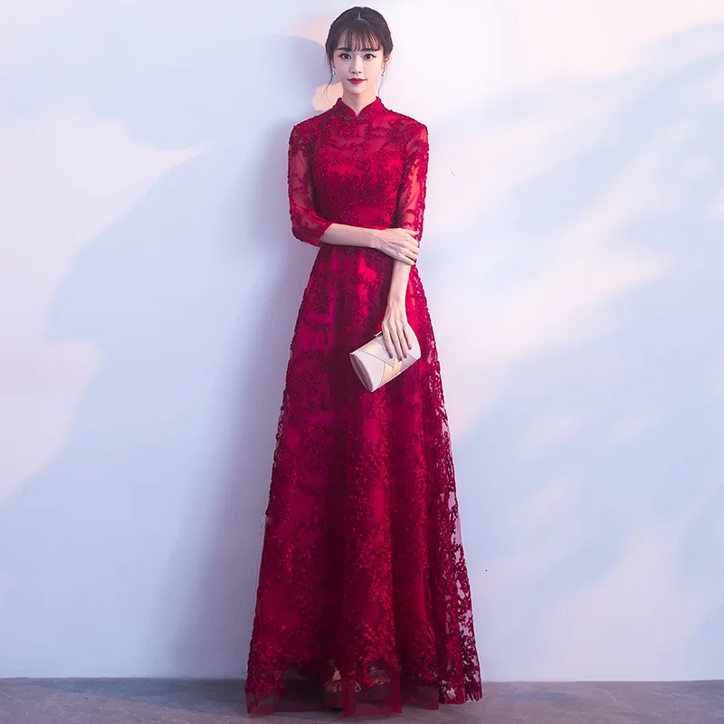 Модные новые кружевные вечерние платья Qi Pao женское традиционное китайское свадебное платье Cheongsam красное свадебное платье для невесты - Цвет: Wine R stand collar