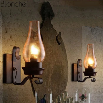 

American Retro Kerosene Wall Lamp Glass Lampshade Wall Sconce Loft Metal Lights for Restaurant Bar Stair Light Industrial Decor
