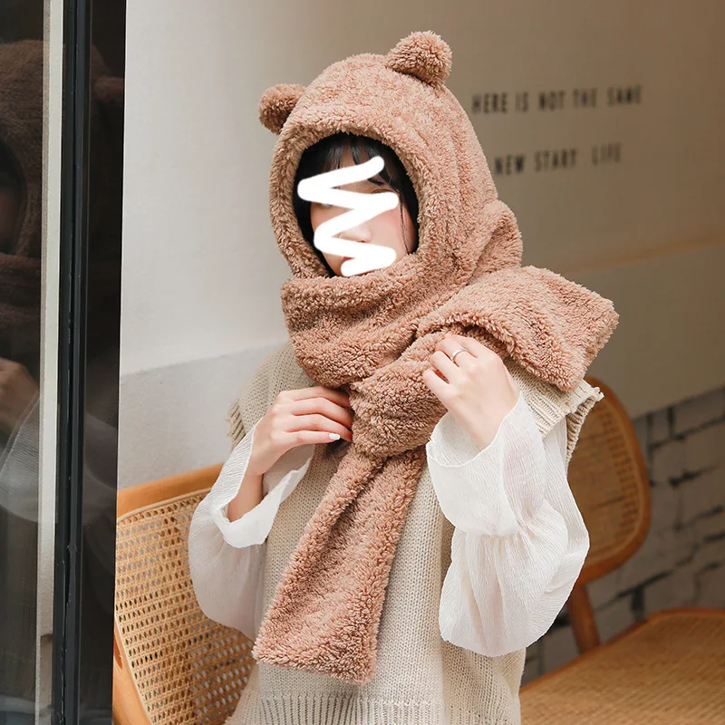 winter beanie Thick Plush Warm Hat Gloves Scarf Bear Knitting One Scarf Autumn And Winter Ladies Hat Thick Lamb Wool Men's Hat Knitted Hat winter beanie