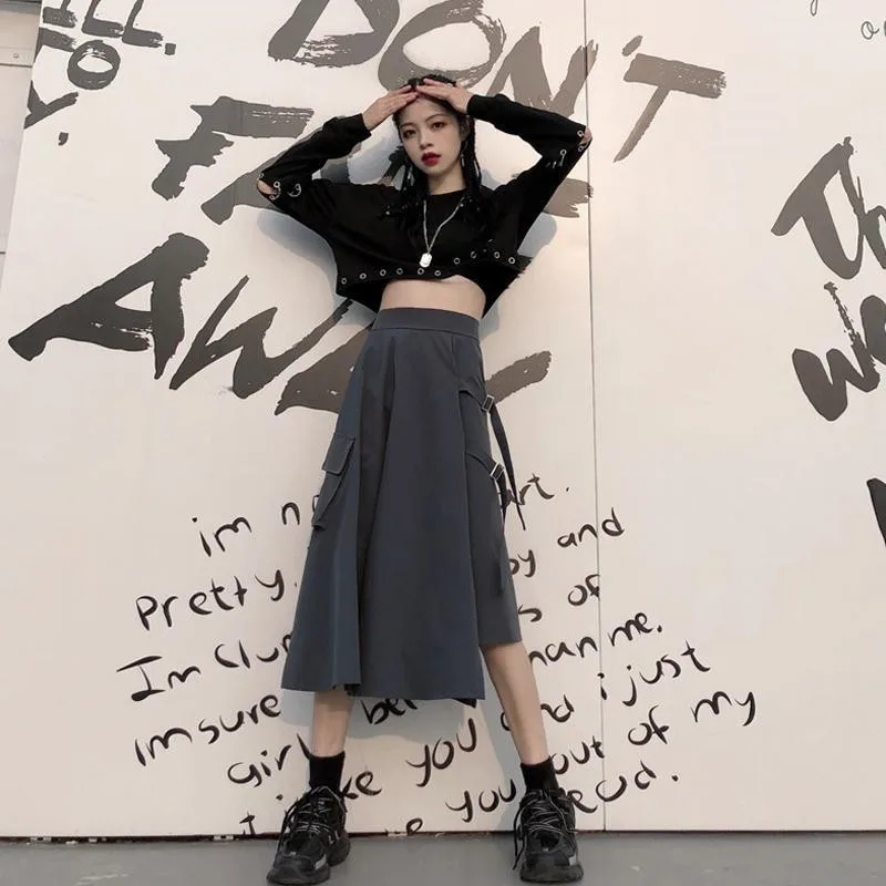 Gothic Punk Women High Waist Black Long Skirts With Pocket Harajuku Cool Girls Vintage Gray Irregular A-line Fashion Midi Skirts