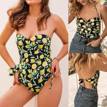 

2019 Best Sales Underwear Women's Sexy Lengeries Fruit Print Bandage Backless High Quality Underwear Set Wire Free Intimates