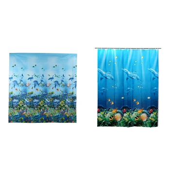 

2 Pcs 180X180Cm Waterproof Bathroom Fabric Curtain Tropical Beach Sea Dolphin Fish Ocean Color Shower Curtain with Hooks - A & B