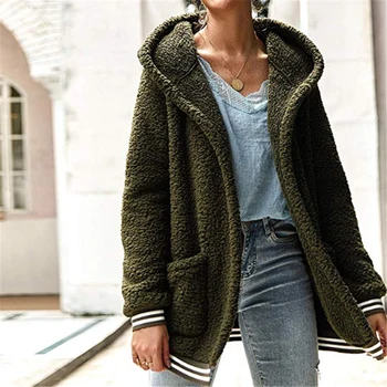 

Women Coat Soft Fleece Winter Autumn Warm Jacket Hooded Overcoat Female Fashion Stripe Casual Loose Outwear Coat Hooded Cardigan