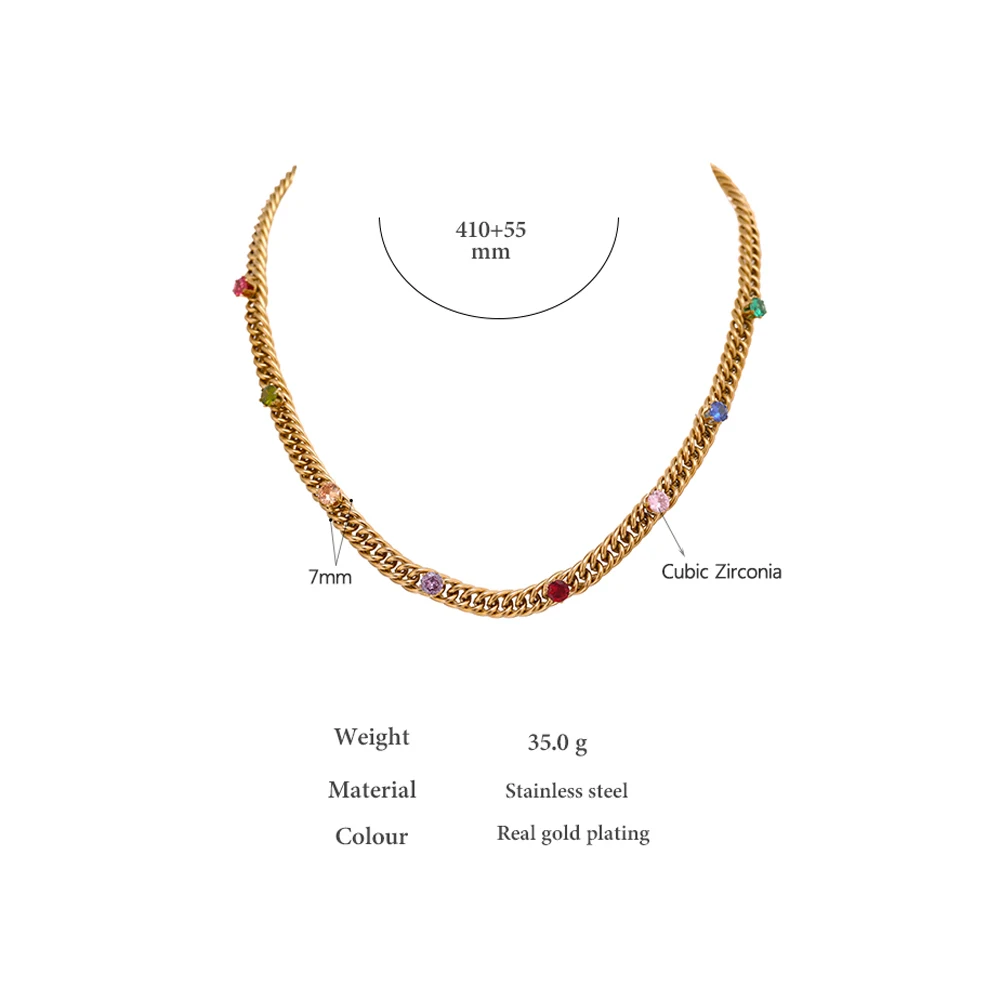 Stainless Steel Chain Necklace Colorful Cubic Zirconia Jewelry - Image 6