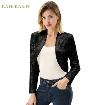 

Kate Kasin Sequin Cardigan Tops Women Long Sleeve Cropped Glitter Jacket Open Front Sequined Bolero Jacket Sparking Shrug S-XXL