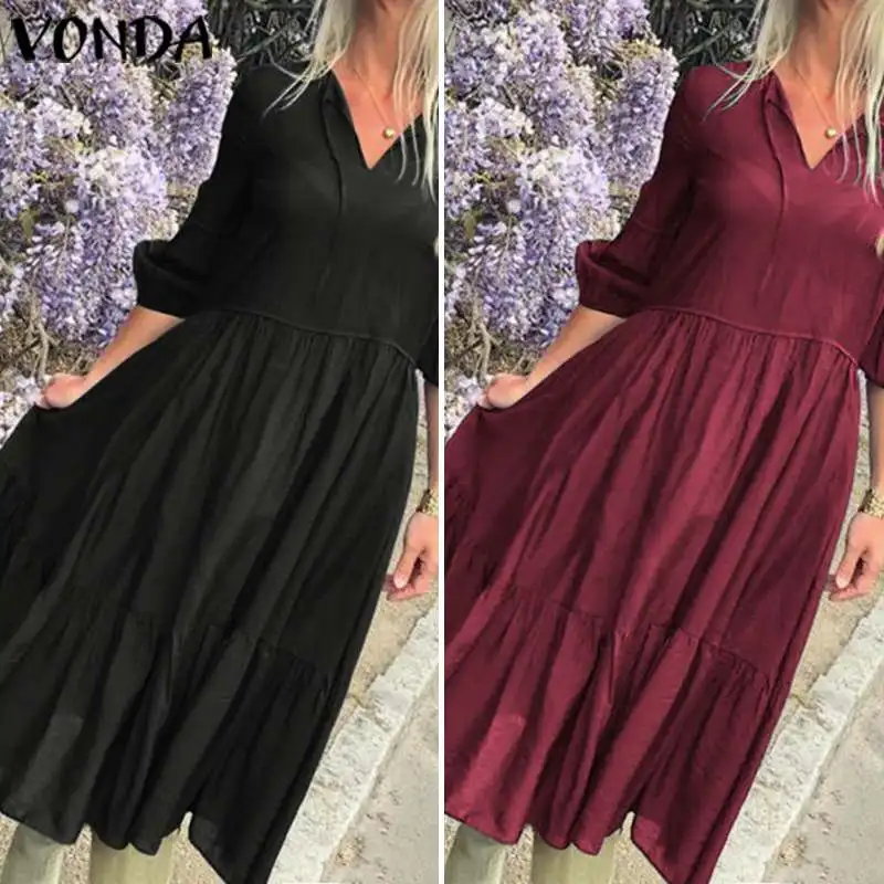Богемное длинное платье макси, VONDA, женские летние сексуальные однотонные вечерние платья с v-образным вырезом, длинное платье для женщин, повседневный пляжный сарафан, 5XL, туники