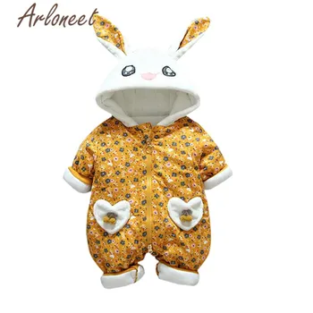 

ARLONEET Cartoon Coat Baby Girls Winter Coat Flower Rabbit Cotton Romper Jumpsuit Hooded Outerwear Pockets Down Jacket For Girl
