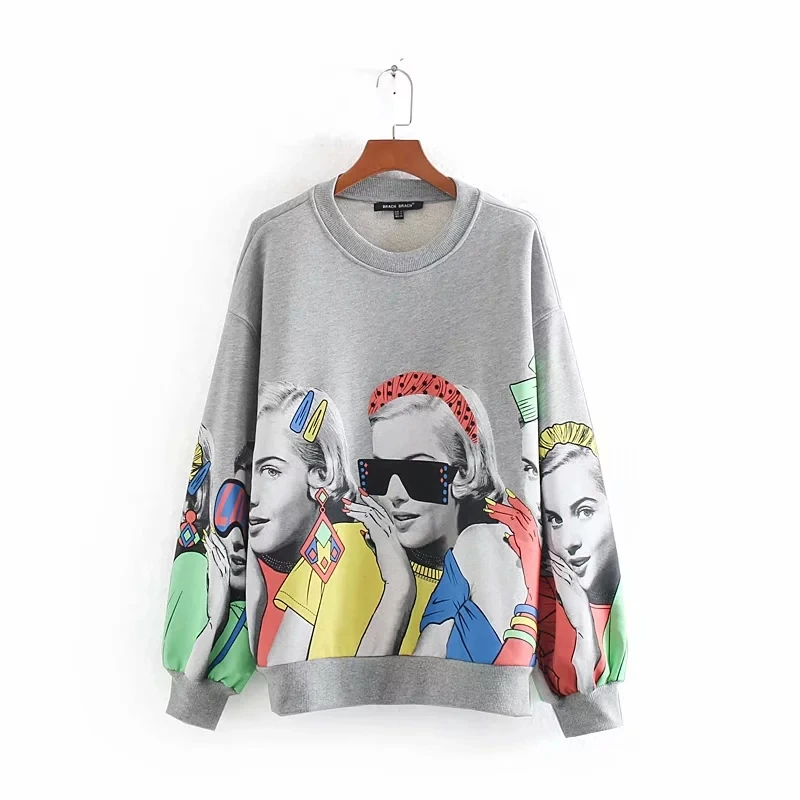 

Fashion Women Chic Printing Loose Terry Pullovers 2019 Autumn Leisure Ladies O Neck Long Sleeve Tops SW681