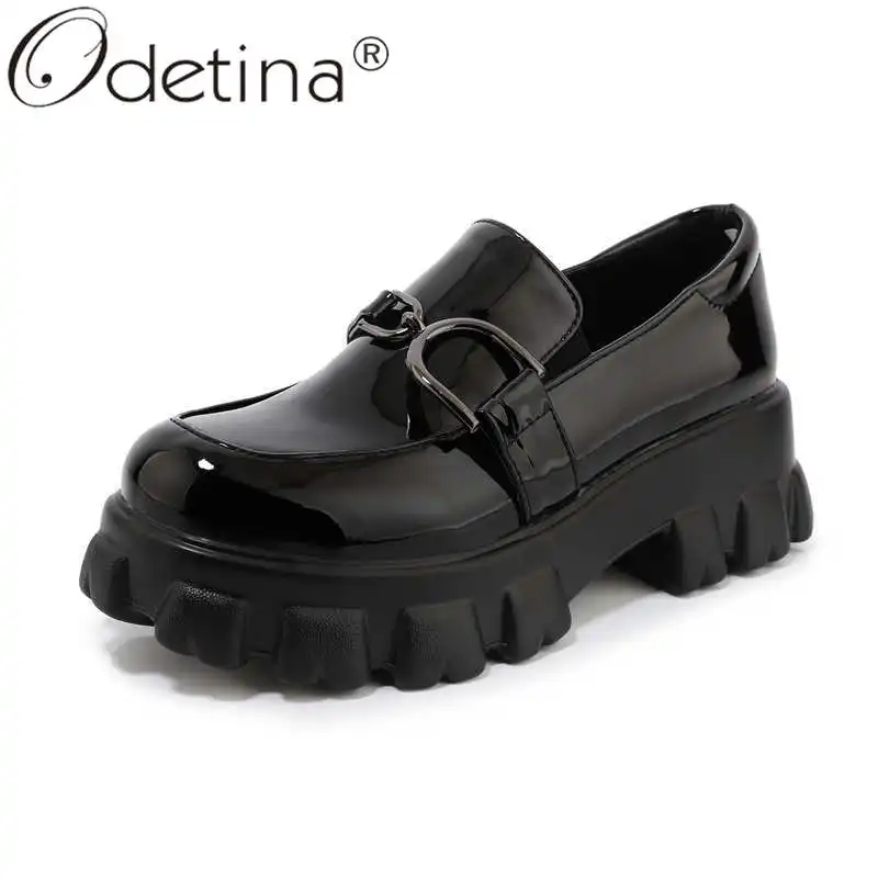

Odetina Women Fashion Slip On Round Toe Retro Casual Loafers Shoes Ladies New Platform Patent Leather Block High Heel Boat Shoes