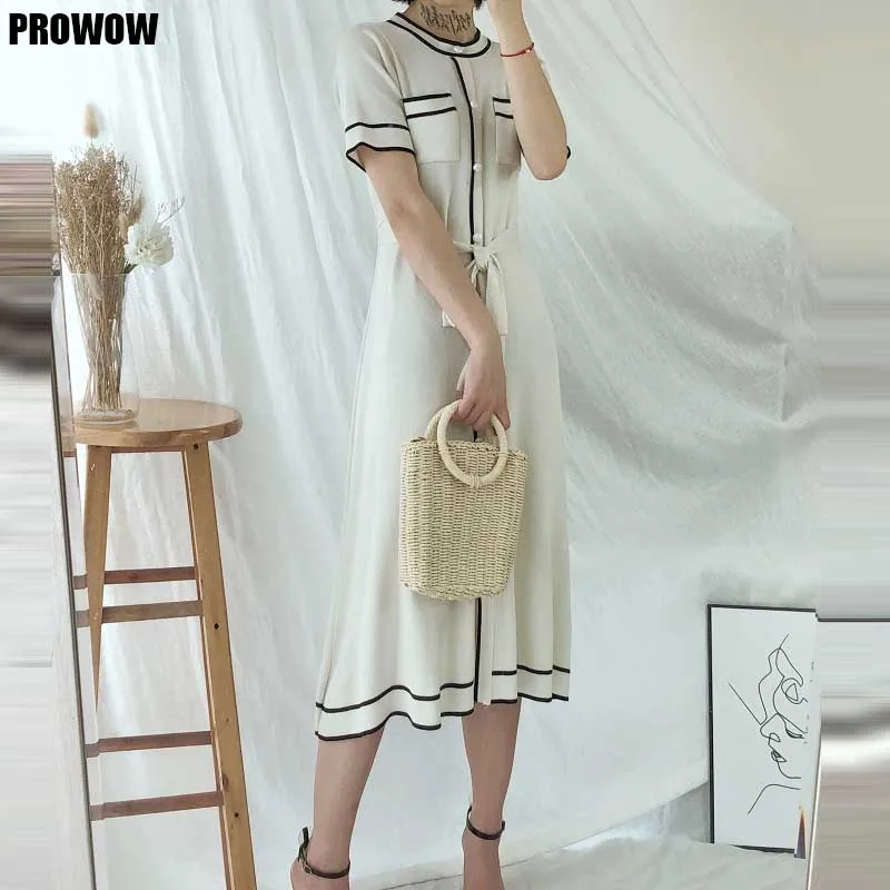 

French Vintage Knitting Dress Women'S One-Piece Spring Summer Single-Breasted Bandage Waist Dress Korean Party Elegant Dresses