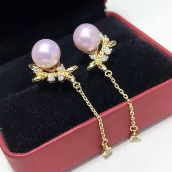 

D416 Fine Jewelry 925 Sterling Silver Natural Round 8-9mm Fresh Water Sakura Pink White Pearls Drop Dangle Earrings for Women