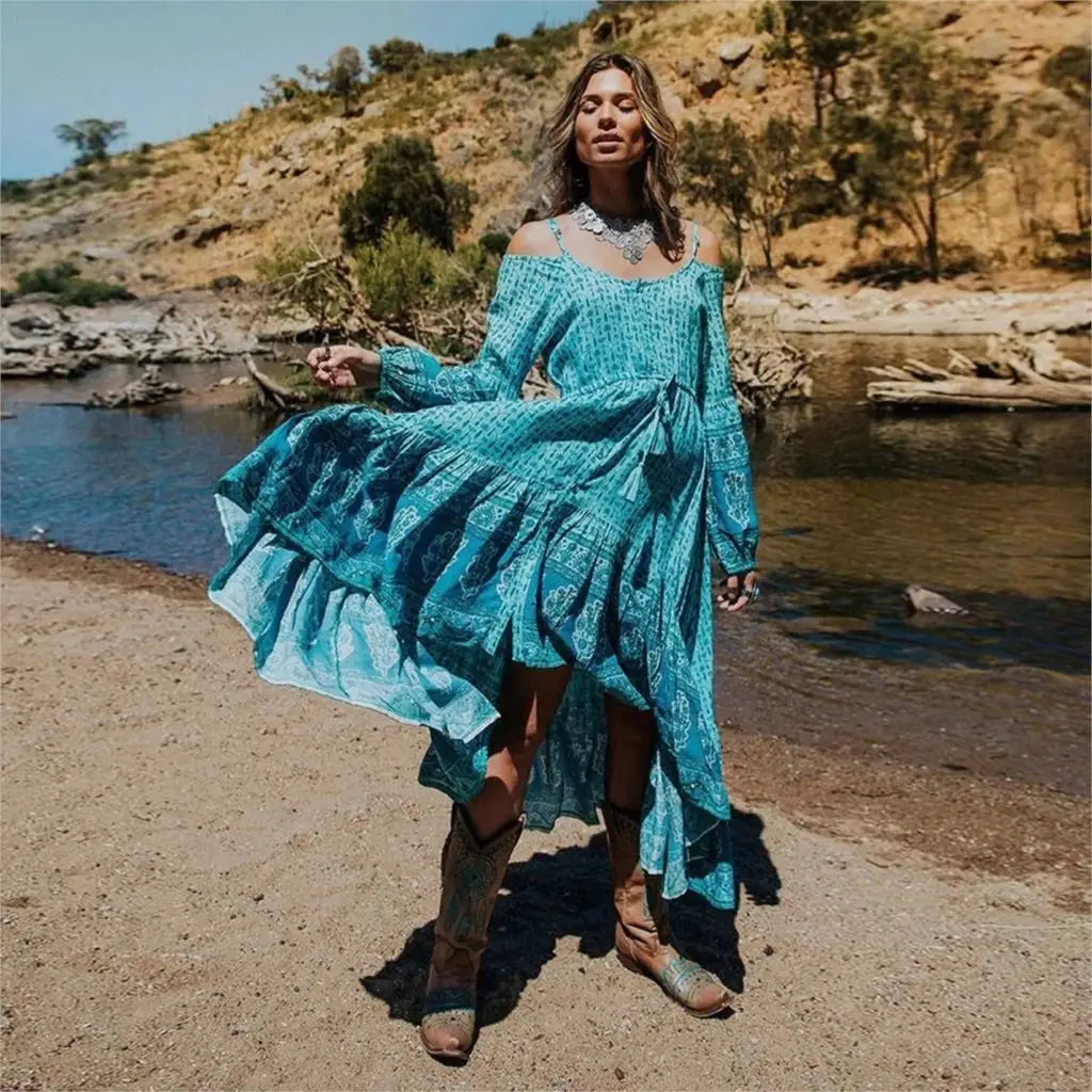 

Blue Off the Shoulder Straps Goat Head Print Dresses High Low Hem Hippie Chic Boho Dress Women Party Wear Autumn 2019 Vestidos