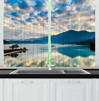 

Sky Blue Tropical Kitchen Curtains Surreal Cloudy Sky Reflections on Sun Moon Lake Idyllic Nature Landscape for Kitchen Cafe
