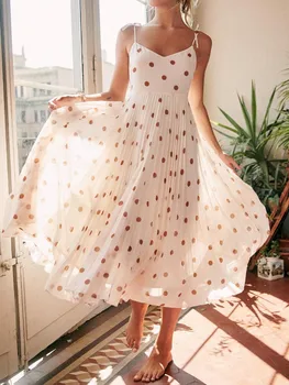 

Polka Dot Women Sling Midi Dress 2020 New Sexy Simple Backless Sleeveless Spaghetti Strap Lace-up Long Dresses Holiday Beach