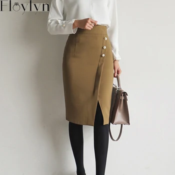 

FLOYLYN Office Lady Single-breasted Bodycon Split Pencil Plain Skirt for Women 2020 High Waist Workwear Modern Female Skirts