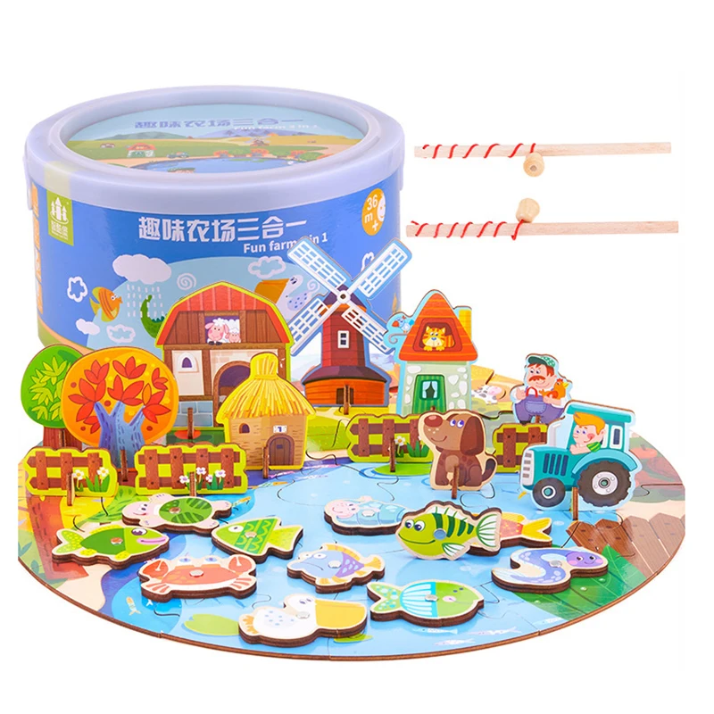 Farm Деревянная головоломка для детей игрушка 3в1 DIY 3D мультфильм магнитная рыбалка детская настольная игра-головоломка детские развивающие игры монтессори игрушка - Цвет: Farm