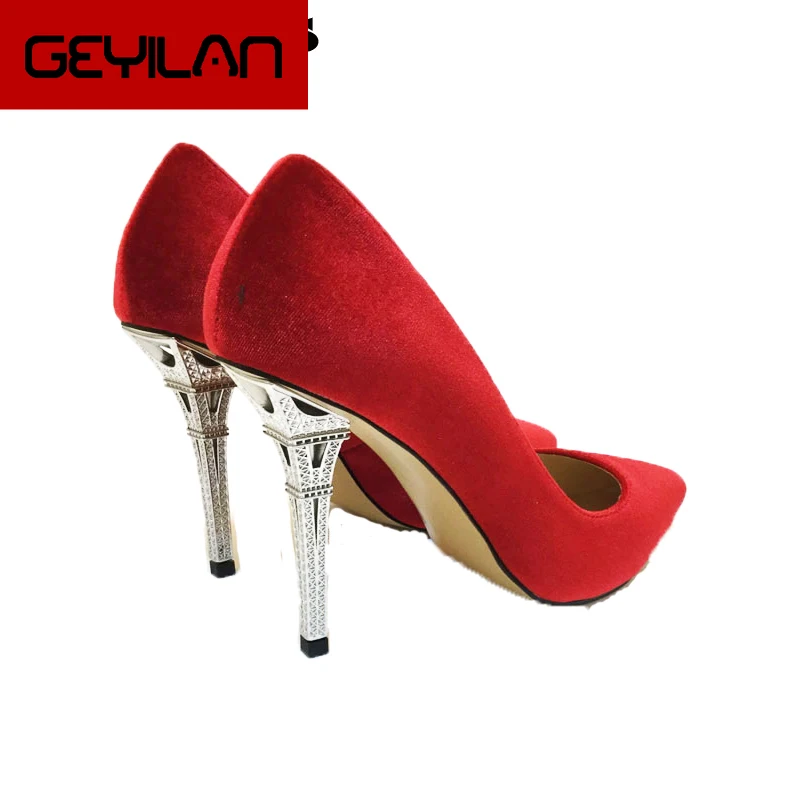 

Red Velvet Lady Sexy Pumps Shoes Metal Heel Strange Heel Slip on Single Spring Shoe Party Sapatos Mujer Pointy Toe Plus Size 43