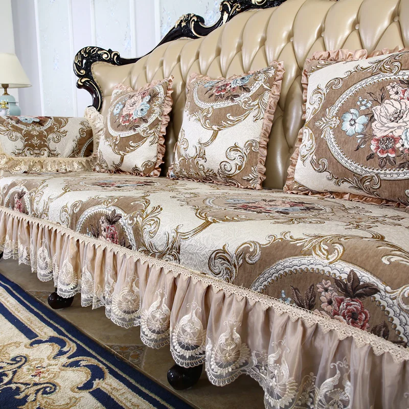 thumbnail image 1 of Funda de sofá densa antideslizante, 1/2/3/4 plazas, funda de sofá de cuero con encaje jacquard, lujosa, floral, funda para sillón reclinable, 1 of 5