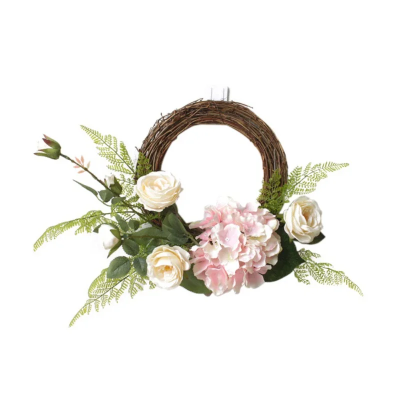 

Garland With Green Leaves Round Shape Artificial Rose Flower Wreath Fake Hydrangea Floral Rattan For Door Window Wedding Decor