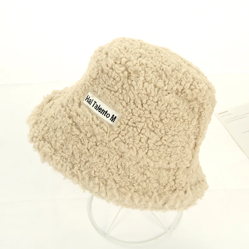 Winter lady fisherman hat wool letter patch thick hat solid color warm plush basin cap outdoor hat - Цвет: Бежевый