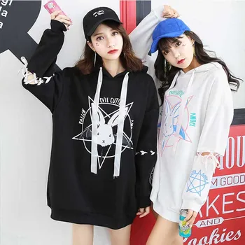 

NiceMix Harajuku Lolita Stil Frauen Sweatshirt Kaninchen Pentagramm Druck Spitze Up Hoodies Beiläufige Lose Lange Hülse