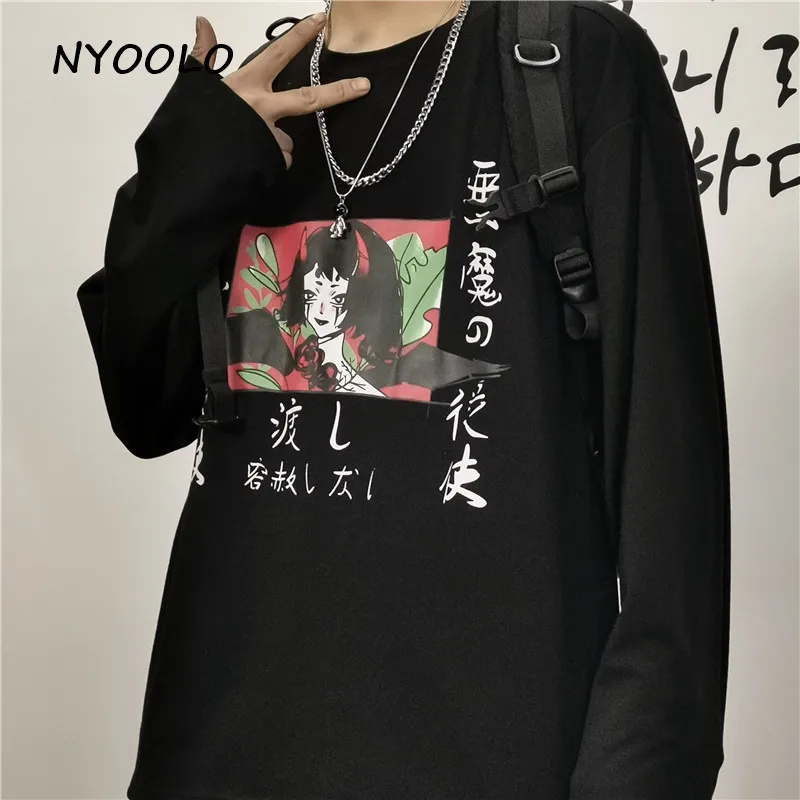 NYOOLO Harajuku стиль дьявол девушка японский буквенный принт хип-хоп футболка Топы Повседневная Уличная свободная футболка с длинными рукавами для женщин и мужчин - Цвет: Черный