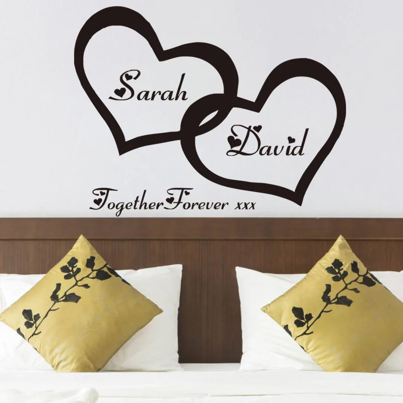 Hearts Custom Personalised Couple Name Vinyl Art Wall Sticker Decal For Couple Bedroom Romantic Mural for Home Decor LW363